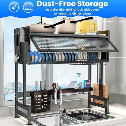 ASIEIT Dish Drying Rack, 3-Tier Over The Sink Dish Drying Rack, 33.5" Over Sink Dish Rack for Small Kitchen, Space-Saving Dish Rack with Cover, Baskets, Utensil, Large Sink Storage Organizer Black