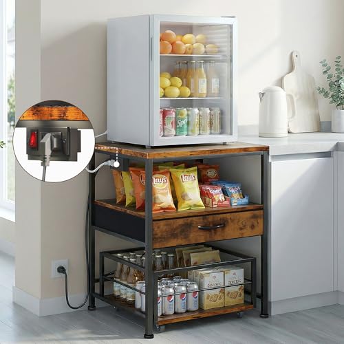 DreamDashio Mini Fridge Stand with Outlet & 3-Tier Rolling Cart, Switchable-Side Power Hub with Storage Drawer & Basket for Microwave, Beverage Cooler, Kitchen, Dorm & Office