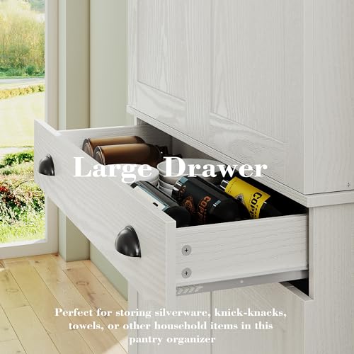 IRONCK 72" Kitchen Pantry Cabinet with Drawer and Sliding Racks, White | White wood pantry cabinet. 6 door shelves. 3 sliding racks. For kitchen, dining room, or hallway. - color: White