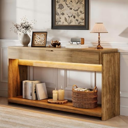 Feonase 71" Long Console Table with Drawer and LED, Wooden Farmhouse Sofa Table Behind Couch, Modern Entryway Table for Living Room, Hallway, Entrance, Foyer, Oak Brown