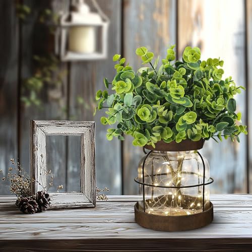 Farmhouse Rustic Glass Vases Primitive Country Lantern Coffee Dining Table Centerpiece Green Fake Artificial Eucalyptus Plants with Light Home Decor for Shelf Desk Counter Kitchen Bathroom - style: Rustic Decor