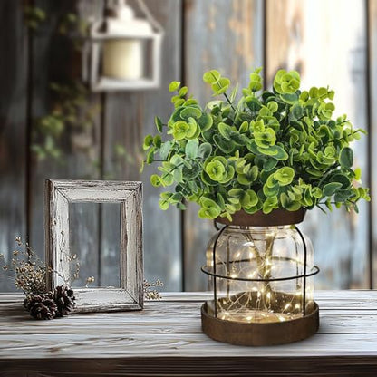 Farmhouse Rustic Glass Vases Primitive Country Lantern Coffee Dining Table Centerpiece Green Fake Artificial Eucalyptus Plants with Light Home Decor for Shelf Desk Counter Kitchen Bathroom - style: Rustic Decor