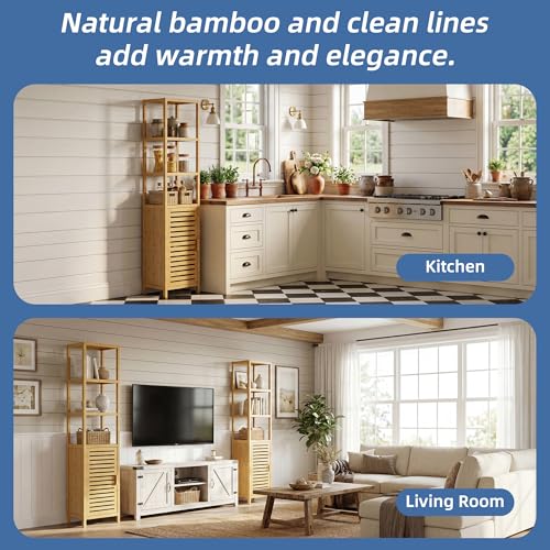HITNET Bathroom Floor Cabinet, 6 Tier Tall Thin Linen Tower Storage Cabinet Free Standing Bamboo, Kitchen Side Organizer with 3 Shelves and Cupboard, Natural - color: Natural
