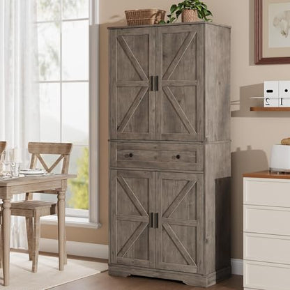 Garvee 71" Kitchen Pantry Cabinet, Barn Door Freestanding Cupboard with Drawer, Sliding Storage Rack, and 6 Hanging Shelves for Kitchen, Dining Room, Living Room Bedroom - color: Grey
