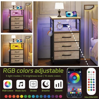 runjuly Bed Side Table with 3 Fabric Drawers, Night Stand with Charging Station, LED Nightstand with Hooks, Bedside Table End Tables with Storage, Night Tables for Bedroom (Beige) - color: Greige, style: 3 Drawers