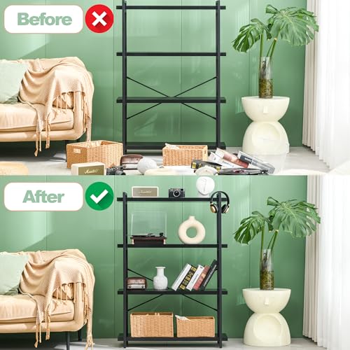 HCHQHS Bookshelf, 4-Tier Industrial Bookcase, Black Open Book Shelf, Freestanding Tall Bookshelves with Metal Frame - color: Ebony Black, size: 4-Tier (35.8"W x 51.2"H)