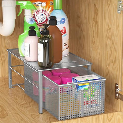 Deco Brothers Stackable Pull Out Cabinet Sliding Basket with Divider, Large | Under Sink Organizer, Silver - color: Silver