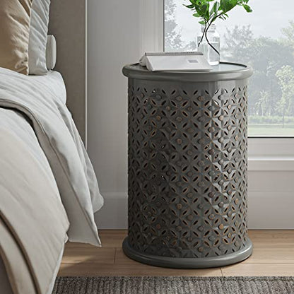 Jofran Global Archive Mango Wood Handcrafted Solid Hardwood Drum Table, 17" W X 17" D X 23" H, Grey Finish, (Set of 1), Antique Gray - color: Antique Gray