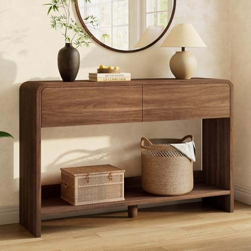 AMERLIFE 45" Modern Entryway Console Table with 2 Storage Drawers | Open Bottom Shelf, Wood Grain Finish, Rounded Edges, Long Sofa Table, Behind Couch, Hallway, Foyer, Living Room, Brown - color: Brown - Flat Panel, size: 45"