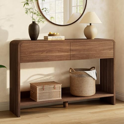 AMERLIFE 45" Modern Entryway Console Table with 2 Storage Drawers | Open Bottom Shelf, Wood Grain Finish, Rounded Edges, Long Sofa Table, Behind Couch, Hallway, Foyer, Living Room, Brown - color: Brown - Flat Panel, size: 45"
