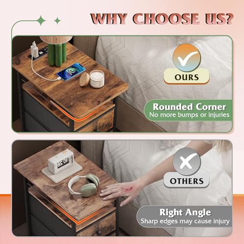 WLIVE Narrow Side Table with Charging Station, End Table with LED Lights,3 Fabric Drawers and Open Storage Shelf, Bed Side Tables Living Room, Small Spaces, Bedroom, Rustic Brown - color: Rustic Brown, size: 3 Drawers