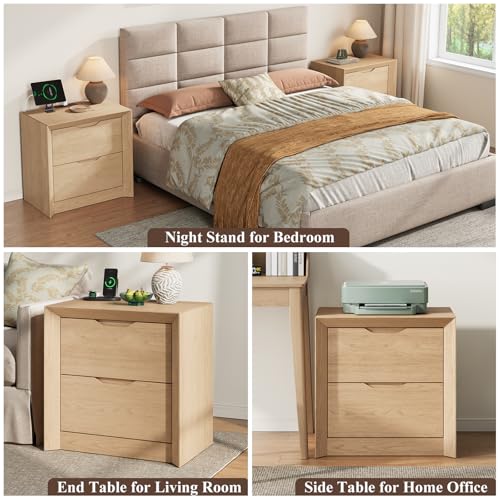 YANSNWO Natural Oak Nightstand with Charging Station, 23.6" Modern Bedside Table with Thickened Frame & Unique Panel, Mid Century Wood End Table for Bedroom, Living Room - color: Natural Oak, size: 15.6"D x 23.6"W x 23.6"H (2 Drawers)
