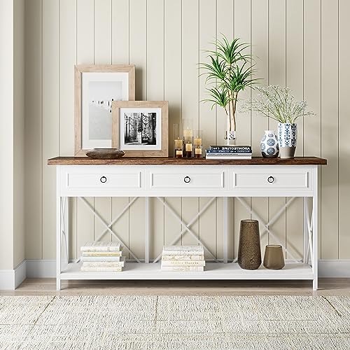Tribesigns 70.8" Console Table with 3 Drawers, Farmhouse Entryway Table with Storage Shelf, Narrow Long Sofa Foyer Table for Entryway, Hallway (White/Brown) - color: White/Brown