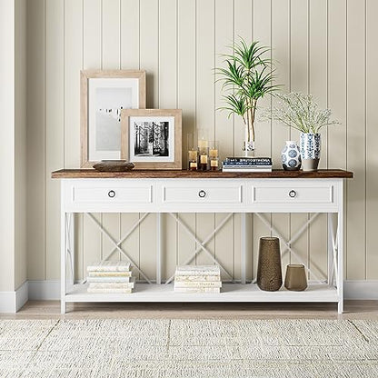 Tribesigns 70.8" Console Table with 3 Drawers, Farmhouse Entryway Table with Storage Shelf, Narrow Long Sofa Foyer Table for Entryway, Hallway (White/Brown) - color: White/Brown