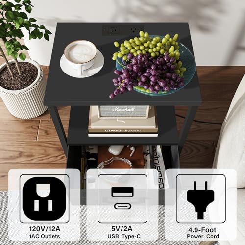 TUTOTAK Nightstand Set of 2, Night Stand with Charging Station, End Table, Bedside Table with Fabric Drawer, Side Table for Livingroom and Bedroom, Black TB01BK0692 - color: Black, style: Plug