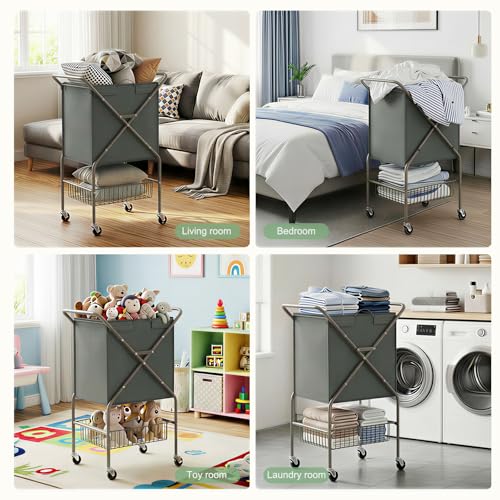 Laundry Basket with Wheels:88L Rolling Laundry Cart Foldable Metal Frame Dirty Clothes Laundry Hamper 36"H 4 Caster 2 Brake Waterproof Removable Liner Carry Handle for Dorm Laundry Room,Gray - color: Gray