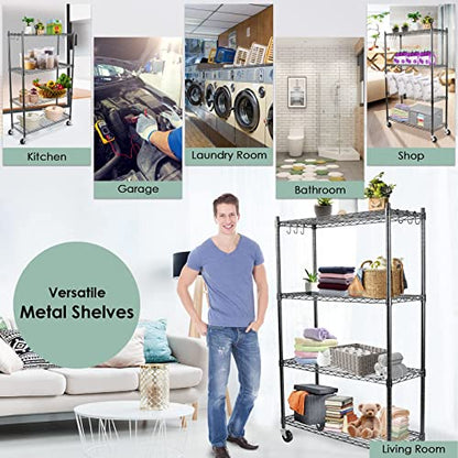 4-Tier Storage Shelves, Heavy Duty Metal Shelves Wire Rack Shelving Unit, Adjustable Shelf with Wheels for Home Office Garage Kitchen Shelf, 36" D x 14" W x 58" H - size: 4tier 36"D x 14"W x 58"H