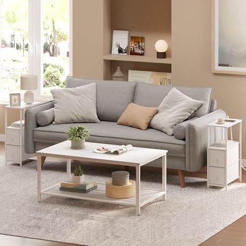 TUTOTAK Small Narrow End Table with Charging Station, Set of 2, Side Table with Outlets, Nightstand with 2 Cloth Drawers, Couch Table, for Living Room, Bedroom, Bedside, White TB01BW055 - color: White, style: 2 Drawers & Plug