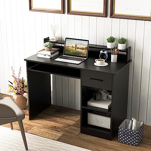 GOFLAME Computer Desk, Home Office Desk with Large Drawers, Hutch, Keyboard Tray, 5-Position Adjustable Open Shelves, Easy Assembly, Writing Desk for Bedroom, Small Space, Living Room, Black - color: Black
