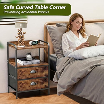 Night Stand Set 2, Nightstand with 2 Fabric Drawer, End Table with Open Shelf, Bedside Table Side Table with Wooden Top for Bedroom, Rustic Brown - color: Brown(2drawer), size: Set of 2