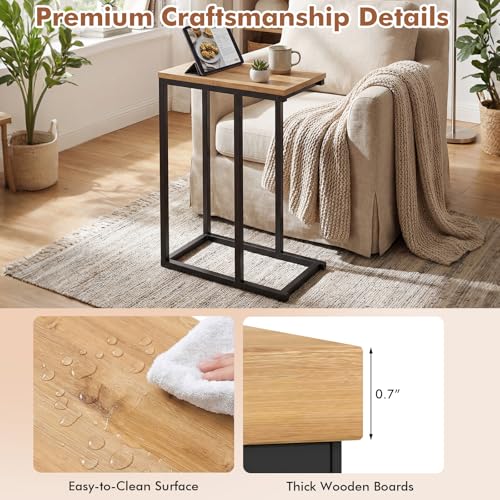 Giantex C-Shaped End Table, Set of 2 Small Sofa Couch Side Table that Slide Under with Metal Frame & Spacious Tabletop, Bedside Laptop TV Tray for Living Room Bedroom Small Spaces (Natural) - color: Natural