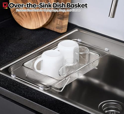 WAGENSTEIGER Extendable Dish Rack with Feet, Vegetable Colander Basket, Stainless Steel Dish or Silverware Drying Rack, Ultimate Kitchen Organizer Over the Sink (11.81 x 8.27 x 2.76 Inches) - size: 11.81 x 8.27 x 2.76 Inches