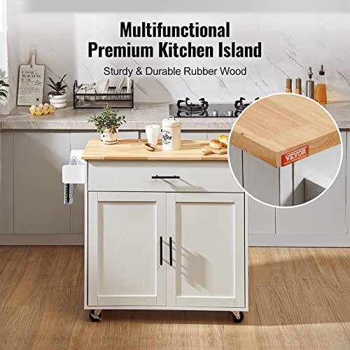 VEVOR Kitchen Island Cart with Solid Wood Top, 35.4" Width Mobile Carts with Storage Cabinet, Rolling Kitchen Table with Spice Rack, Towel Rack, Drop Leaf and Drawer, Portable Islands on Wheels, White - size: 35.4" W Drop Leaf, style: 1 Drawers & 2 Doors
