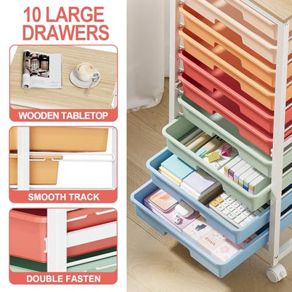 SYKIARIOL Rolling Cart with Drawers,10 Drawer Rolling Cart,Storage Cart with Wheels,Utility Cart with Drawers,Teacher Cart for Classroom Storage,Craft Cart with Wheels and Wooden Tabletop,Rainbow - color: rainbow
