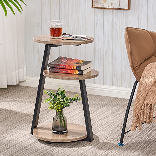 BEWISHOME Small Round Side Table, End Table with Storage Shelves, Greige | Metal Frame, 3-Tier Shelves, Nightstand Bedside Table, Small Couch Coffee Table, KTZ41G - color: Greige, size: without PowerOutlet