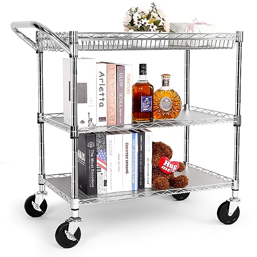 YNN Chrome Utility Rolling Cart,990Lbs 3 Tier Heavy Duty Metal Cart with Wheels & Handle NSF Wheeled Cart 31" D x 18" W x 33" H for Bedroom, Bathroom, Kitchen,Garden,Decor,Serving - color: Bright Silver