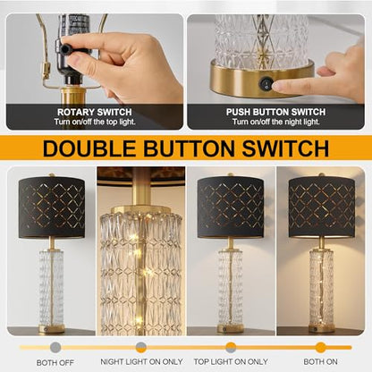 Oneach 27.75" Modern Table Lamps Set of 2, Gold Bedside Lamp with Crystal Nightlight, USB A+C, Black Grid Shade, Unique Desk Lamps for Living Room, Bedroom, Nightstand, End Table (2 Bulbs Included) - color: Gold - Black Shade