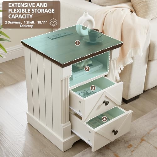 Minifeel Farmhouse Night Stand with Charging Station, 18" Wide 2 Drawer Bedside Table, Barn Door Nightstand with Open Storage Shelf, Sofa Side End Tables with Roman Column for Bedroom, Antique White - color: Antique White
