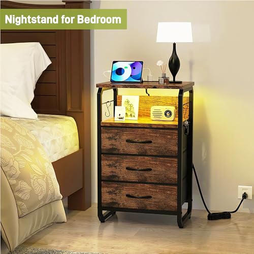 runjuly Night Stand Set 2, Nightstand with LED Lights and Fabric Drawers, Matching End Tables with Charging Station USB C Port, Bedside Tables with Hooks for Bedroom, Rustic Brown - color: Rustic Brown, style: Larger+Taller Set of 2