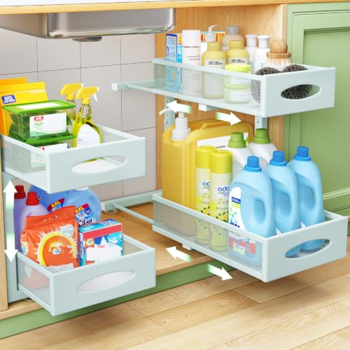 2 Pack Under Sink Organizer, 2 Tier Pull out Cabinet Organizer Mesh Baskets with 5 Adjustable Heights, Sliding Drawers Storage Shelf for Home, Kitchen, Bathroom, Pantry, Office, Countertop ,Blue - color: Blue, size: 2 Pack