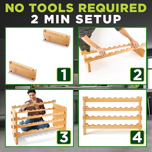NutriChef 36 Bottle Wine Rack Stackable Bamboo Freestanding, 4-Tier Modular Shelf, Sturdy Wobble Free, Upgraded 2026 Design, Easy No-Tool Assembly for Kitchen, Cellar or Bar Storage 33.5" x 10" x 21" - size: 36 Bottle