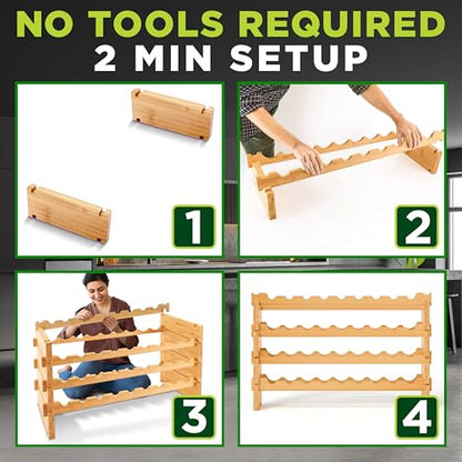 NutriChef 36 Bottle Wine Rack Stackable Bamboo Freestanding, 4-Tier Modular Shelf, Sturdy Wobble Free, Upgraded 2026 Design, Easy No-Tool Assembly for Kitchen, Cellar or Bar Storage 33.5" x 10" x 21" - size: 36 Bottle