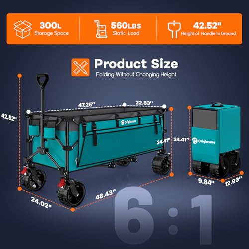 Originsure 300L Foldable Beach Wagon Cart with Big Wheels,560lbs,Turquoise | 48" Folding Utility Wagon,7" All-Terrain Wheels,Heavy Duty Frame,Compact&Space-Saving,for Camping,Sports,Grocery,Garden - color: Grey&turquoise