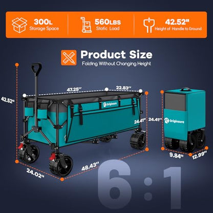 Originsure 300L Foldable Beach Wagon Cart with Big Wheels,560lbs,Turquoise | 48" Folding Utility Wagon,7" All-Terrain Wheels,Heavy Duty Frame,Compact&Space-Saving,for Camping,Sports,Grocery,Garden - color: Grey&turquoise