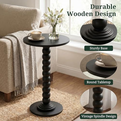 Round Side Table for Small Spaces, Modern Pedestal End Table with Solid Wood Spindle Leg, Small Drink Table Accent Nightstand for Living Room, Bedroom, Sofa Side, Apartment & Office, Black - color: Black