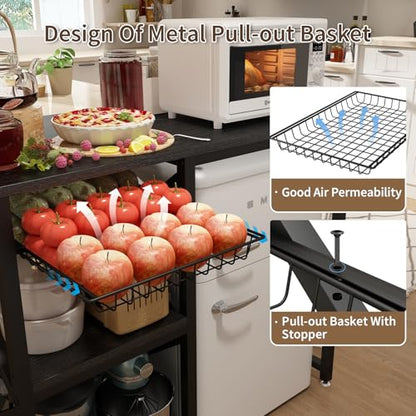 METYERRY Kitchen Bakers Rack with Power Outlet,Mini Fridge Cabinet with Mesh Basket, Mini Fridge and Microwave Table with Storage for Office,Kitchen,Living Room,Coffee Bar,Patio, Black - color: Black
