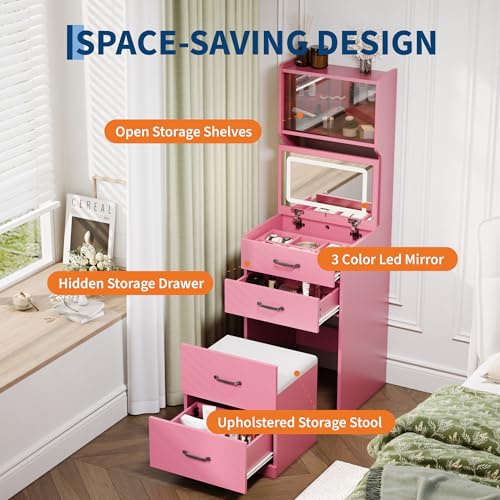 Garvee 3 in 1 Vanity Desk with 3 Color LED, Compact Makeup Vanity Set with 2 AC Outlets & USB, Dressing Table with Drawers & Acrylic Doors, Nightstand Vanity Mirror, Jewelry Box, Hidden Chair, Pink - color: Pink