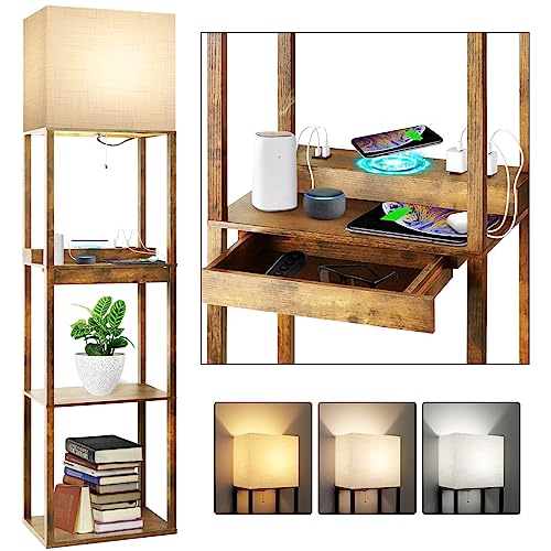 RUNTOP Floor Lamp with Shelves, Plus Shelf Lamp with Wireless Charger, 2 USB Port and Outlet, 1 Drawer, 15W LED Bulb, 3 Colors, Memory Function, Floor Lamps for Living Room, Standing Lamp for Bedroom - color: Upgraded Plus- Brown with Wireless Charger &US
