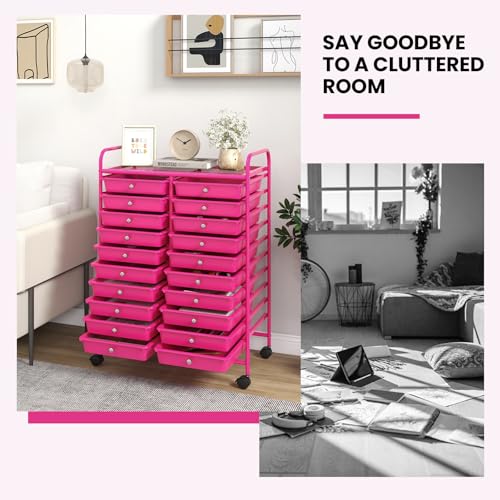 DREAMADE Rolling Cart with Storage Drawers, Utility Cart w/Removable Plastic Drawers, Lockable Wheels, Art Cart for Classroom Organization Art Supplies Office Scrapbook (20 Drawers, Hot Pink) - color: Hot Pink, style: 20 Drawers