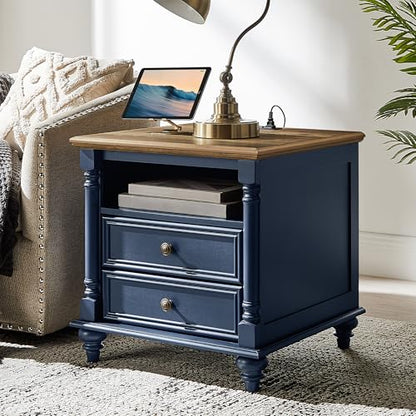 T4TREAM 24" Farmhouse Nightstands with 2 Drawers, Rustic Oak Antique Blue | 4 Solid Wood Feet, Charging Station, Tall Rustic Wood Square, Sofa Side Table, Living Room, Bedroom - color: Rustic Oak Antique Blue