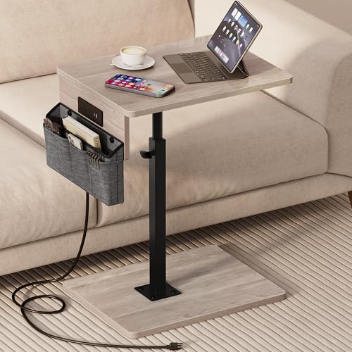 Sofa Armrest Tray Table for Couch - 360° Swivel Height Adjustable Side Table for Small Spaces, Snack Side Table for Bed or Chair, C Shaped End Table Snack Table for Eating Dinner Laptop - color: Greige, style: With Plug+Storage Bag