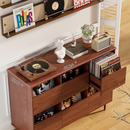 BROTTAR 47.2" Large Record Player Stand, 7“/10"/12" Vinyl Record Storage Cabinet, Mid Century Turntable Stand, Vinyl Record Holder, Media Cabinet with DVD Drawers for Living Room, Music Corner, Brown