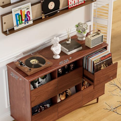 BROTTAR 47.2" Large Record Player Stand, 7“/10"/12" Vinyl Record Storage Cabinet, Mid Century Turntable Stand, Vinyl Record Holder, Media Cabinet with DVD Drawers for Living Room, Music Corner, Brown