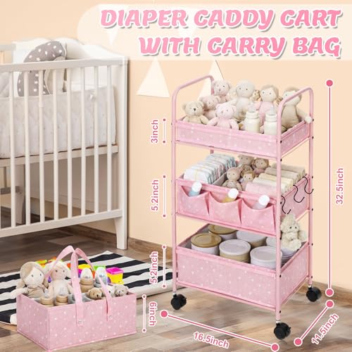 Yookeer 2in1 Baby Diaper Caddy Organizer Cart 3 Tier Large Capacity Metal Utility Bedside Rolling Cart with Divider Newborn Registry Gift Nursery Essential Must Have Bedroom Baby Shower(Pink,Star) - color: Pink, style: Star