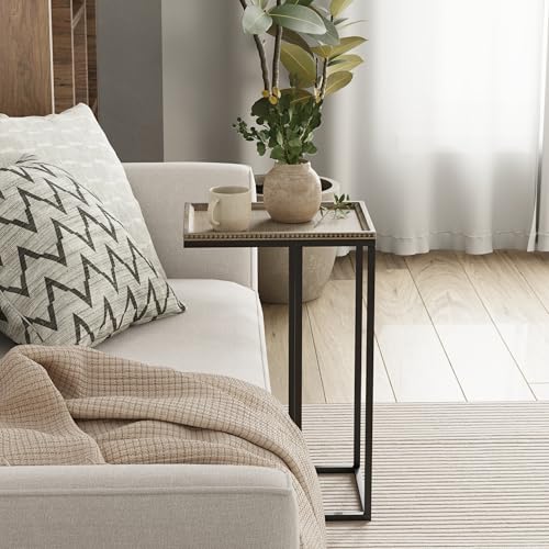 Farmhouse C Shaped End Table with Distressed Beaded Edge Tray Top, Modern Slim Snack Side Table with Metal Base, Black - color: Black, style: Beaded Edge