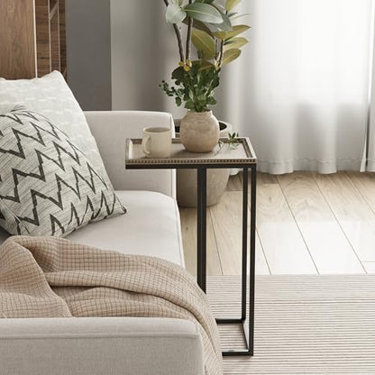 Farmhouse C Shaped End Table with Distressed Beaded Edge Tray Top, Modern Slim Snack Side Table with Metal Base, Black - color: Black, style: Beaded Edge